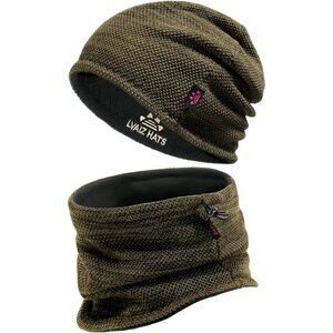 Unisex Khaki+grey Knit Fleece-Lined Ski Cap & Neck Gaiter Set